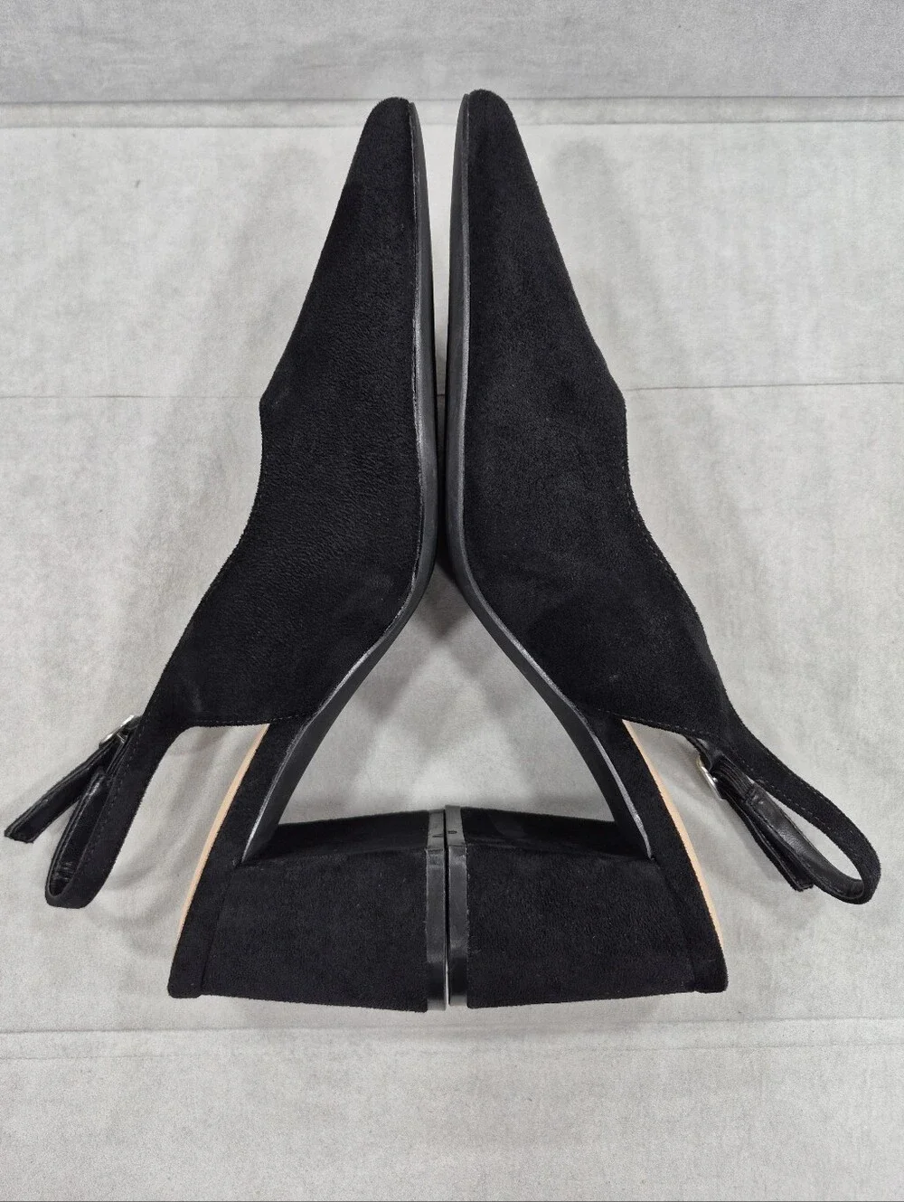 Mostrin sling back pumps women's 38.5 US 8 black suede point toe block heels